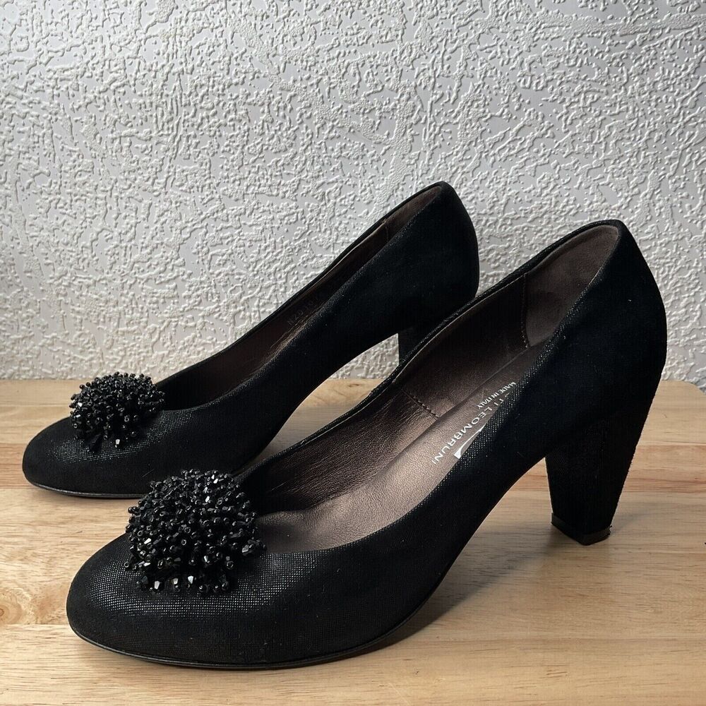 AGL Attilio Giusti Leombruni‎ Beaded Pomp Heels Women Size 39.5/US9-9.5 Black